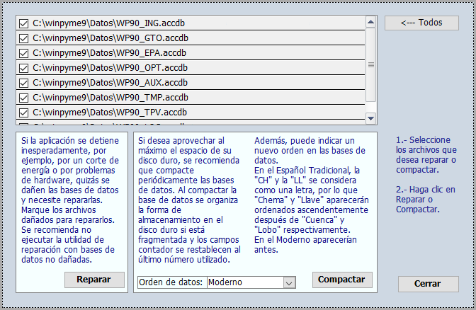 Diálogo para compactación de bases de datos