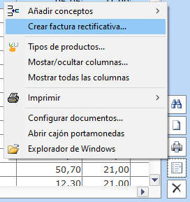 Menú emergente para crear factura rectificativa