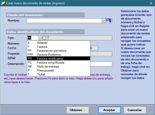 Creación de factura rectificativa desde el diálogo de Nuevo documento