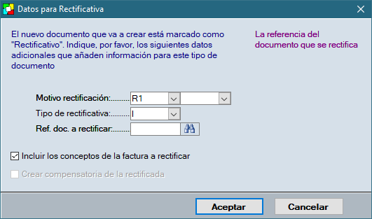 Datos complementarios de la factura rectificativa: movito, tipo, documento que se rectifica