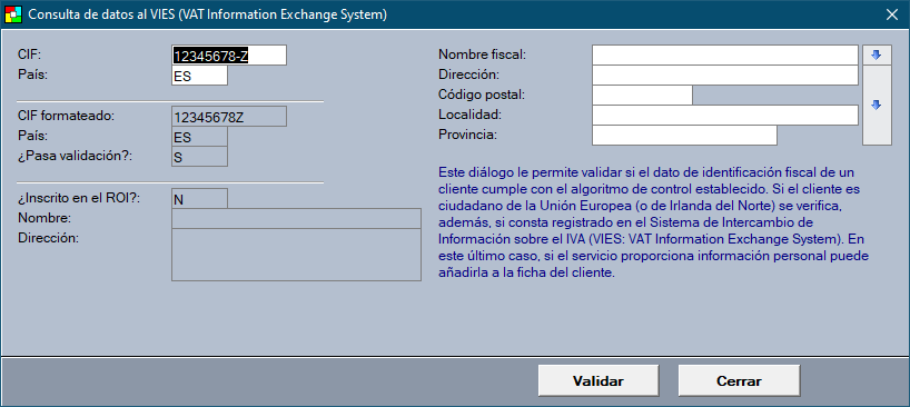 Resultado de la consulta en el registro de operadores intracomunitarios