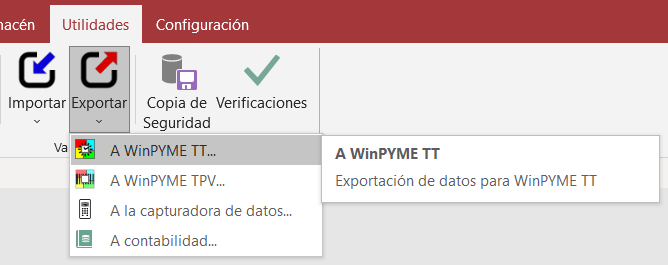 Menú de exportación de datos a WinPYME TT