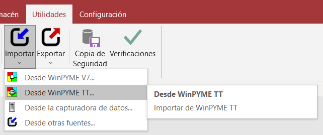 Menú de importación de datos desde WinPYME TT