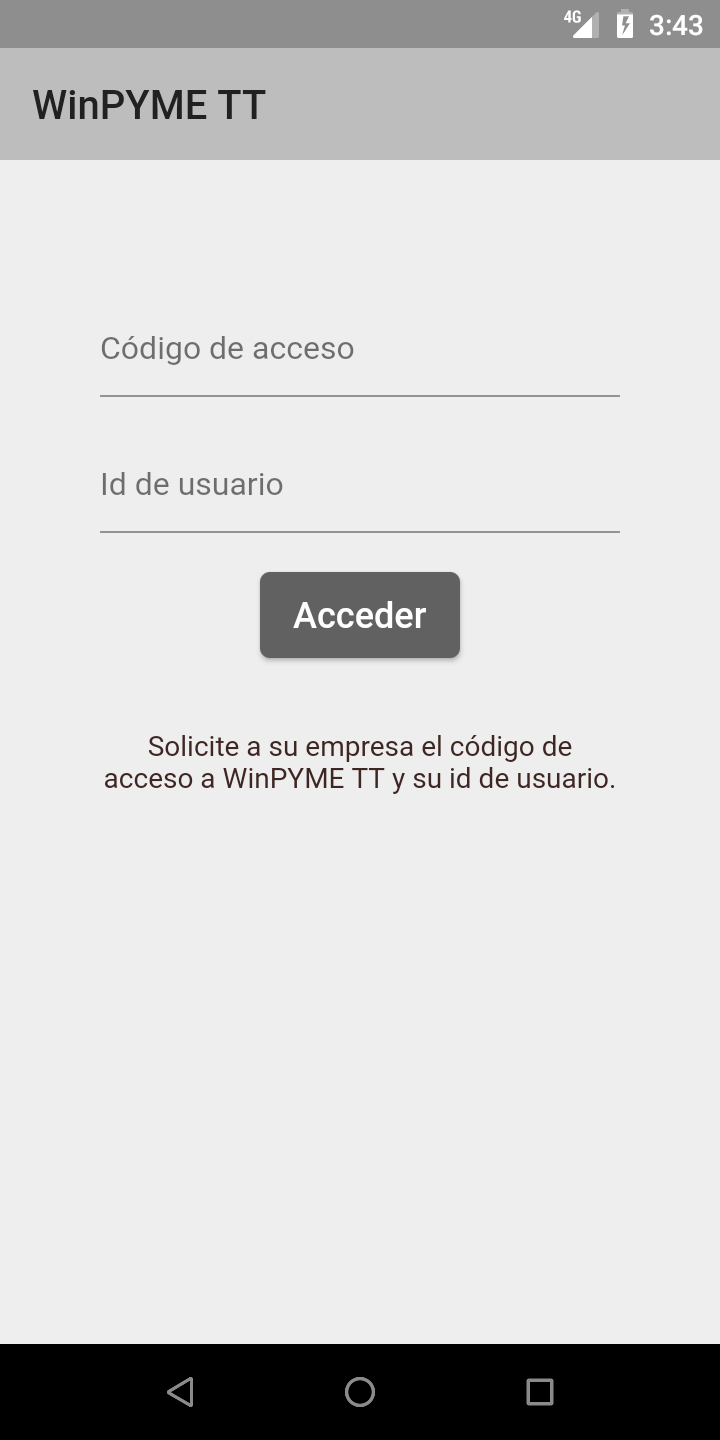 Pantalla de acceso a WinPYME TT Pocket